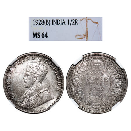 George V, Silver, Half Rupee, 1928, Bombay Mint, Dot. GK 1070, F. Prid 349. NGC Slabbed MS