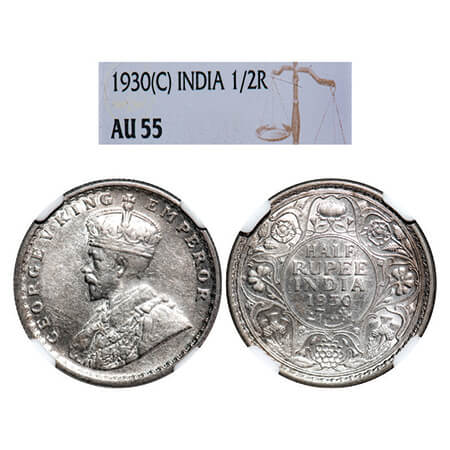 George V, Silver, Half Rupee, 1930, Calcutta Mint, No dot. GK 1072, F. Prid 332. NGC Slabb