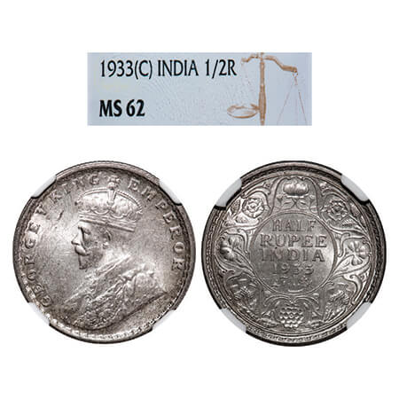 George V, Silver, Half Rupee, 1933, Calcutta Mint, No dot. GK 1073, F. Prid 333. NGC Slabb