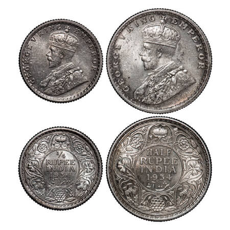 George V, Silver, Half Rupee, 1/4 Rupee, (2 coins), 1934, Calcutta Mint, No dot. GK 1074, 