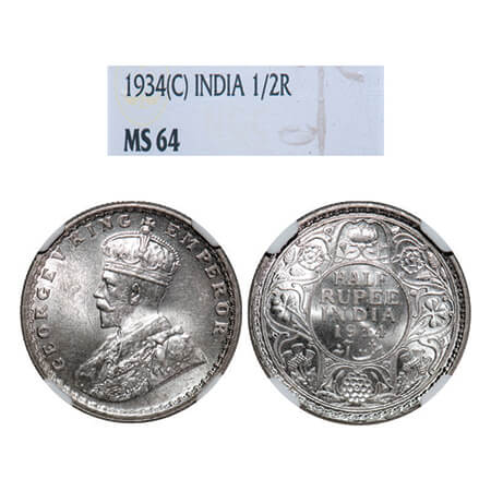 George V, Silver, Half Rupee, 1934, Calcutta Mint, No dot. GK 1074, F. Prid 334. NGC Slabb