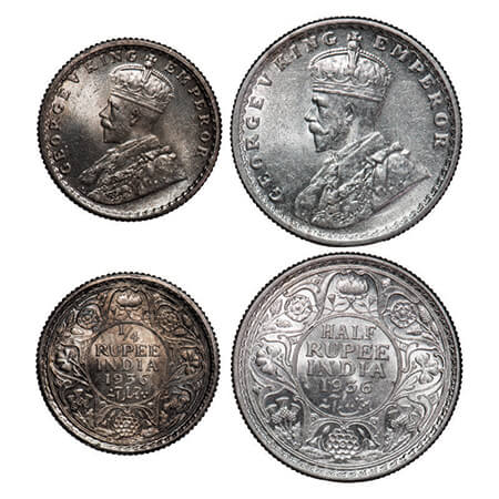 George V, Silver, Half Rupee, 1/4 Rupee, (2 coins), 1936, Calcutta Mint, No dot. GK 1075, 