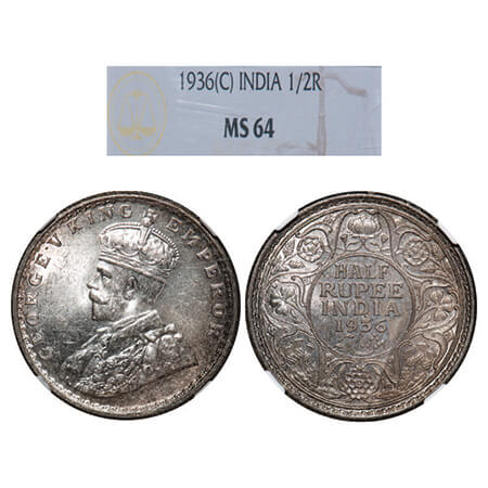 George V, Silver, Half Rupee, 1936, Calcutta Mint, No dot. GK 1075, F. Prid 335. NGC Slabb