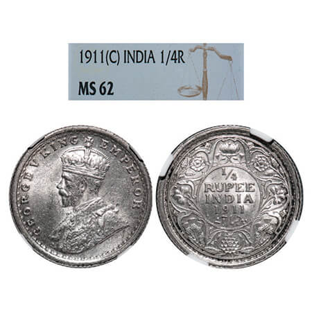 George V, Silver, 1/4 Rupee, 1911, Calcutta Mint, No dot, Pig-Type. GK 1080, F. Prid 440. 