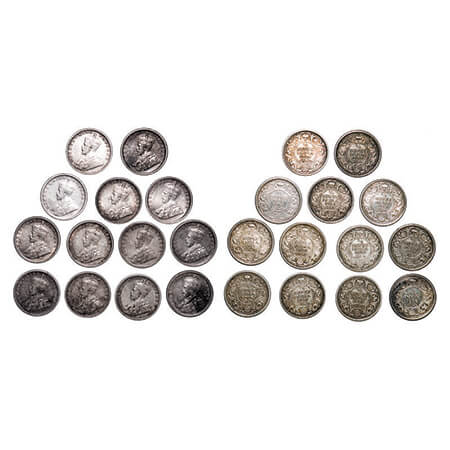 George V, Silver, 1/4 Rupee, (lot of 13 coins), 1912, 1916, 1917, 1926, 1929, 1930, 1934, 