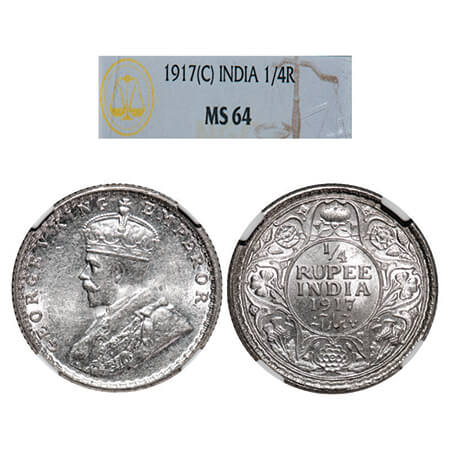 George V, Silver, 1/4 Rupee, 1917, Calcutta Mint, No dot. GK 1090, F. prid 446. NGC Slabbe