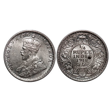 George V, Silver, 1/4 Rupee, 1918, Calcutta Mint, No dot. GK 1091, F. Prid 447. About Unci