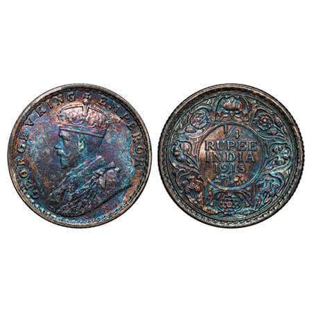 George V, Silver, 1/4 Rupee, 1918, Calcutta Mint, No dot. GK 1091, F. Prid 447. Uncirculat