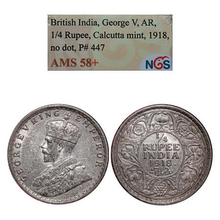 George V, Silver, 1/4 Rupee, 1918, Calcutta Mint, No dot. GK 1091, F. Prid 447. NGS Slabbe