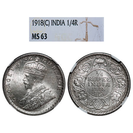 George V, Silver, 1/4 Rupee, 1918, Calcutta Mint, No dot. GK 1091, F. Prid 447. NGC Slabbe