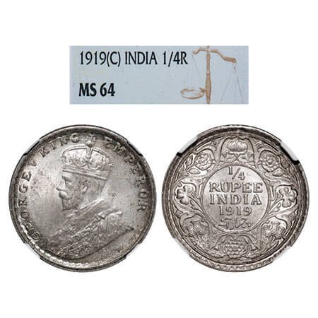 George V, Silver, 1/4 Rupee, 1919, Calcutta Mint, No dot. GK 1092, F. Prid 448. NGC Slabbe