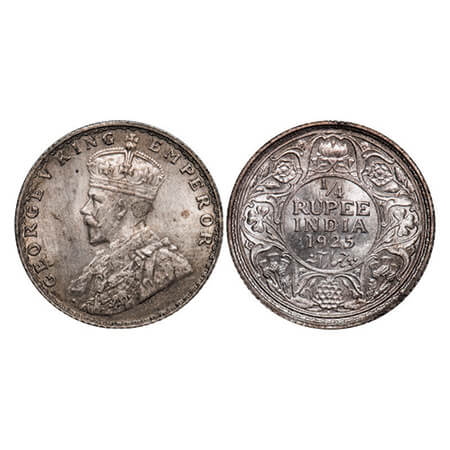 George V, Silver, 1/4 Rupee, 1925, Bombay Mint, Dot, Ghost on Rev. GK 1093, F. Prid 458. U