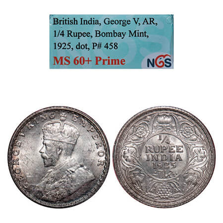 George V, Silver, 1/4 Rupee, 1925, Bombay Mint, Dot. GK 1093, F. Prid 458. NGS Slabbed MS 