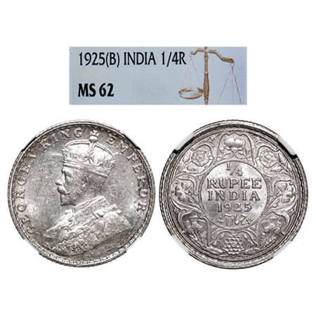 George V, Silver, 1/4 Rupee, 1925, Bombay Mint, Dot. GK 1093, F. Prid 458. NGC Slabbed MS 