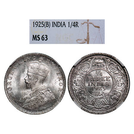 George V, Silver, 1/4 Rupee, 1925, Bombay Mint, Dot. GK 1093, F. Prid 458. NGC Slabbed MS 
