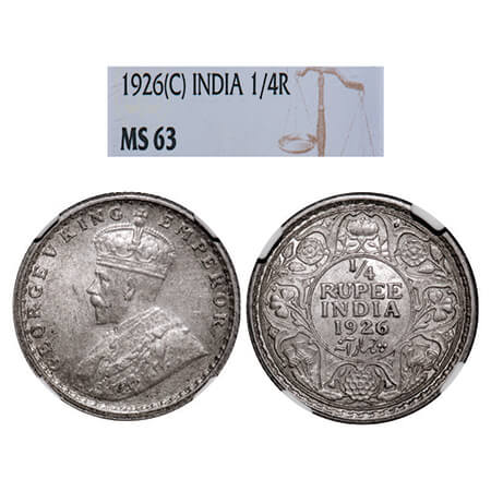George V, Silver, 1/4 Rupee, 1926, Calcutta Mint, No dot. GK 1094, F. Prid 449. NGC Slabbe