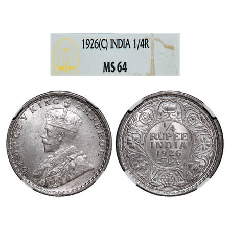 George V, Silver, 1/4 Rupee, 1926, Calcutta Mint, No dot. GK 1094, F. Prid 449. NGC Slabbe