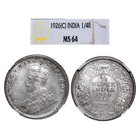 George V, Silver, 1/4 Rupee, 1926, Calcutta Mint, No dot. GK 1094, F. Prid 449. NGC Slabbe