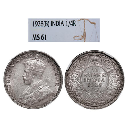 George V, Silver, 1/4 Rupee, 1928, Bombay Mint, Dot. GK 1095, F. Prid 459. NGC Slabbed MS 