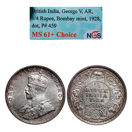 George V, Silver, 1/4 Rupee, 1928, Bombay Mint, Dot. GK 1095, F. Prid 459. NGS Slabbed MS 