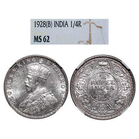 George V, Silver, 1/4 Rupee, 1928, Bombay Mint, Dot. GK 1095, F. Prid 459. NGC Slabbed MS 