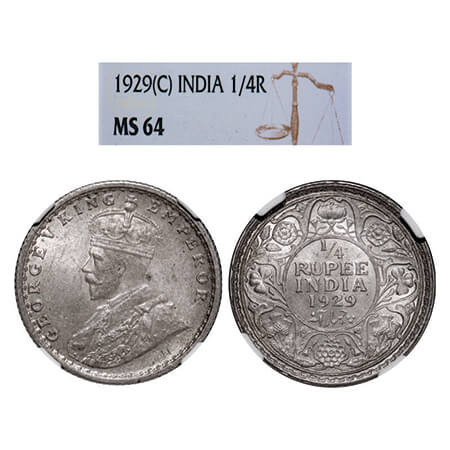 George V, Silver, 1/4 Rupee, 1929, Calcutta Mint, No dot. GK 1096, F. Prid 450. NGC Slabbe