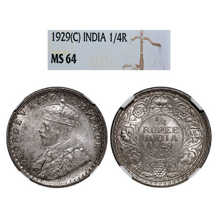 George V, Silver, 1/4 Rupee, 1929, Calcutta Mint, No dot. GK 1096, F. Prid 450. NGC Slabbe