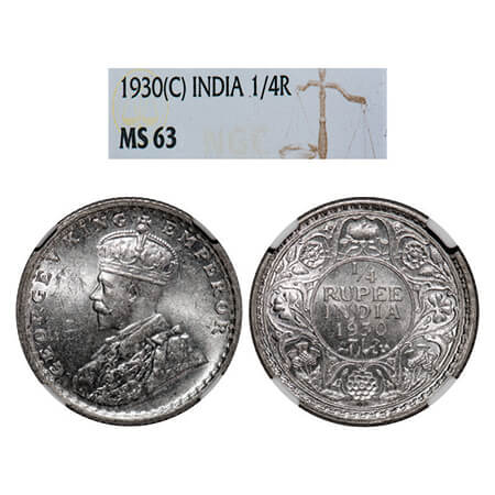 George V, Silver, 1/4 Rupee, 1930, Calcutta Mint, No dot. GK 1097, F. Prid 451. NGC Slabbe