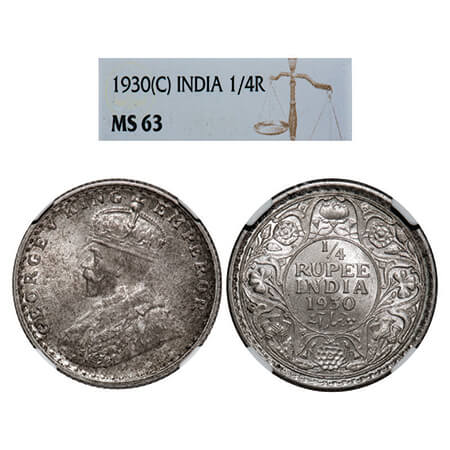 George V, Silver, 1/4 Rupee, 1930, Calcutta Mint, No dot. GK 1097, F. Prid 451. NGC Slabbe