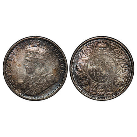 George V, Silver, 1/4 Rupee, 1936, Calcutta Mint, No dot. GK 1098, F. Prid 452. Brilliant 