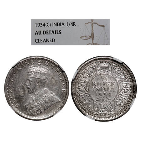 George V, Silver, 1/4 Rupee, 1934, Calcutta Mint, No dot. GK 1098, F. Prid 452. NGC Slabbe