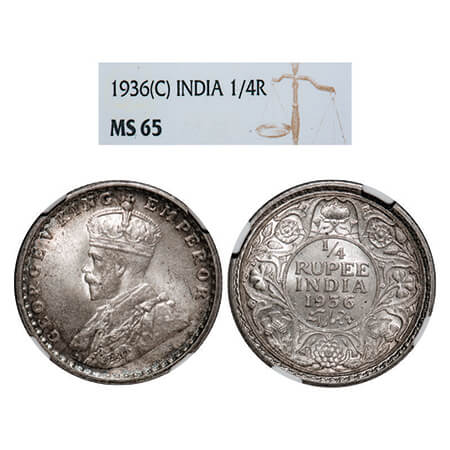George V, Silver, 1/4 Rupee, 1936, Calcutta Mint, No dot. GK 1099, F. Prid 453. NGC Slabbe