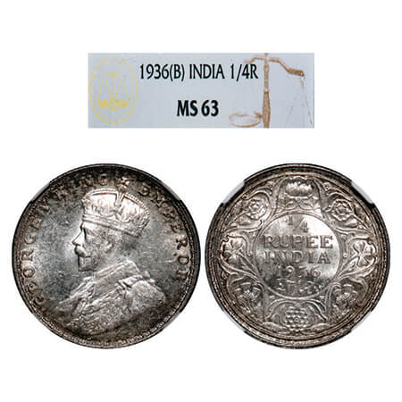 George V, Silver, 1/4 Rupee, 1936, Bombay Mint, Dot. GK 1100, F. Prid 460. NGC Slabbed MS 