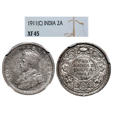George V, Silver, 2 Annas, 1911, Bombay Mint, Dot. GK 1107, F. Prid 564. NGC Slabbed XF 45