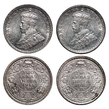 George V, Silver, 2 Annas, (2 coins), 1912, 1913, Bombay Mint, Dot. GK 1109, 1111, F. Prid