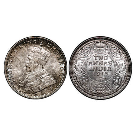 George V, Silver, 2 Annas, 1913, Bombay Mint, Dot. GK 1111, F. Prid 572. Brilliant Uncircu