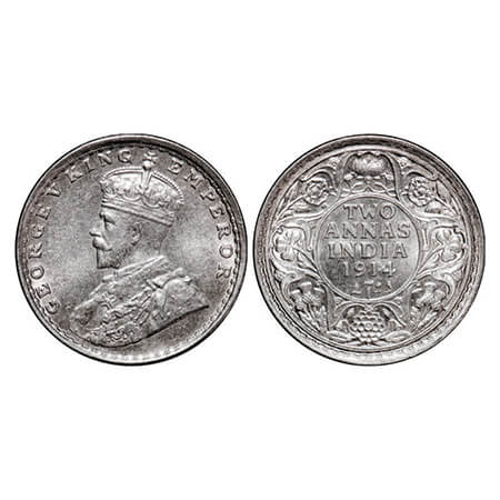 George V, Silver, 2 Annas, 1914, Bombay Mint, Dot. GK 1113, F. Prid 573. Brilliant Uncircu
