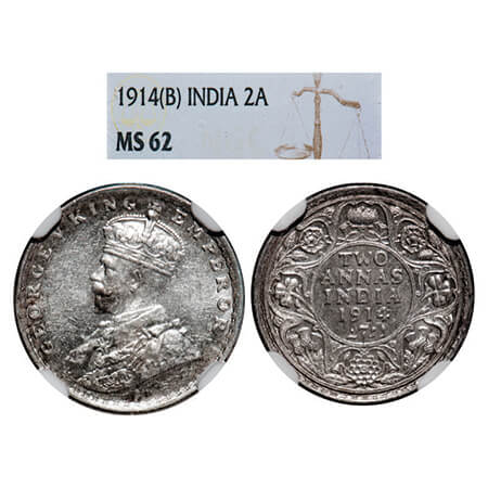 George V, Silver, 2 Annas, 1914, Bombay Mint, Dot. GK 1113, F. Prid 573. NGC Slabbed MS 62