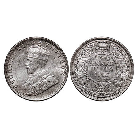 George V, Silver, 2 Annas, 1915, Bombay Mint, Dot, Complete skull ghost of George V on Rev