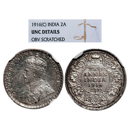 George V, Silver, 2 Annas, 1916, Calcutta Mint, No dot. GK 1116, F. Prid 569. NGC Slabbed 
