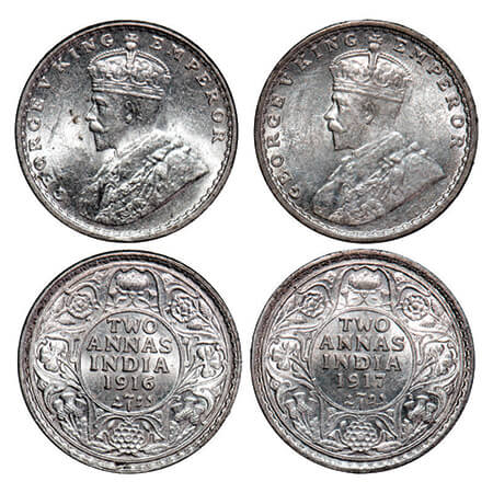 George V, Silver, 2 Annas, (2 coins), 1916, 1917, Calcutta Mint, No dot. GK 1116, 1117, F.