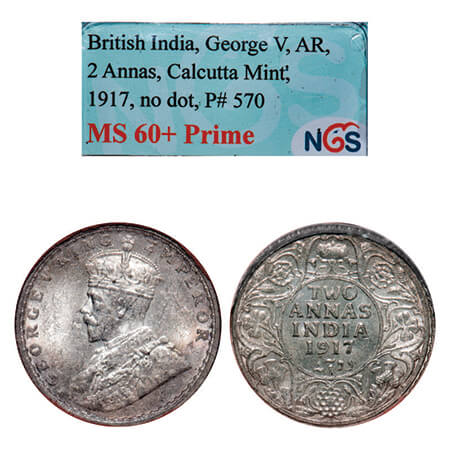 George V, Silver, 2 Annas, 1917, Calcutta Mint, No dot. GK 1117, F. Prid 570. NGS Slabbed 