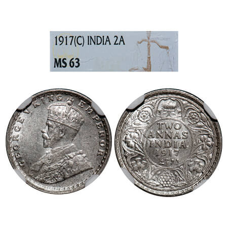 George V, Silver, 2 Annas, 1917, Calcutta Mint, No dot. GK 1117, F. Prid 570. NGC Slabbed 