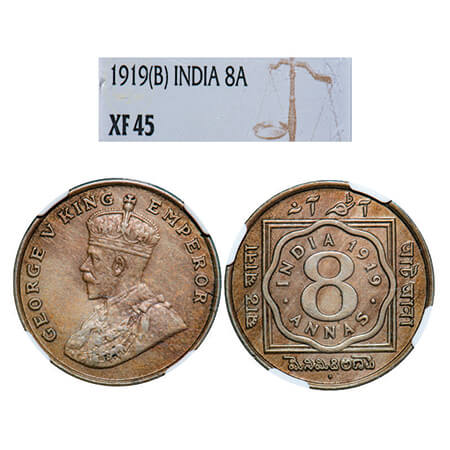 George V, Copper-Nickel, 8 Anna, 1919, Bombay Mint, Dot. GK 1078, F. Prid 872. NGC Slabbed