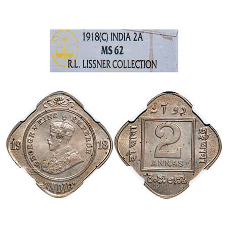 George V, Copper-Nickel, 2 Annas, 1918, Calcutta Mint, No dot. GK 1118. NGC Slabbed MS 62.