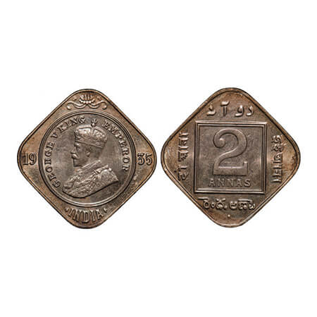 George V, Copper-Nickel, 2 Annas, 1935, Bombay Mint, Dot. GK 1139. Uncirculated, Toned. Ve