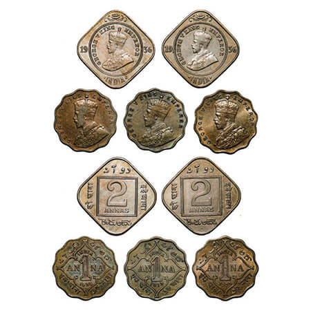 George V, Copper-Nickel, (lot of 5 coins), 1 & 2) 1936, 2 Annas, Bombay Mint, Dot, 1 Anna,