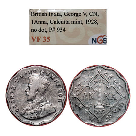 George V, Copper-Nickel, 1 Anna, 1928, Calcutta Mint, No dot. GK 1161. NGS Slabbed VF 35. 