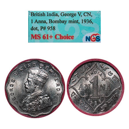 George V, Copper-Nickel, 1 Anna, 1936, Bombay Mint, Dot, Big dot. GK 1169. NGC Slabbed MS 