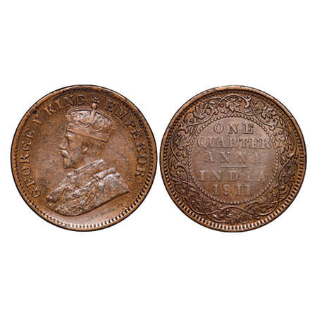 George V, Bronze, Quarter Anna, 1911, Calcutta Mint, No dot, Pig-Type. GK 1171. Extremely 